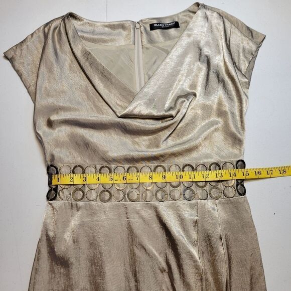 Ellen Tracy Champagne Satin Plunging Cowl Neckline Cap Sleeves Midi Sheath Dress - Picture 9 of 10